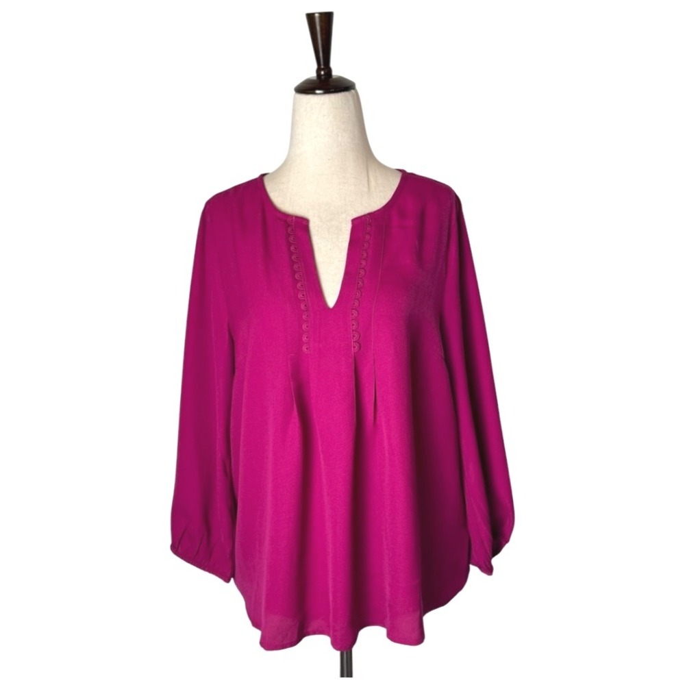 Collective Concepts Shirt Women Small Pink Balloon Sleeve V Neck Lace‎ Blouse
